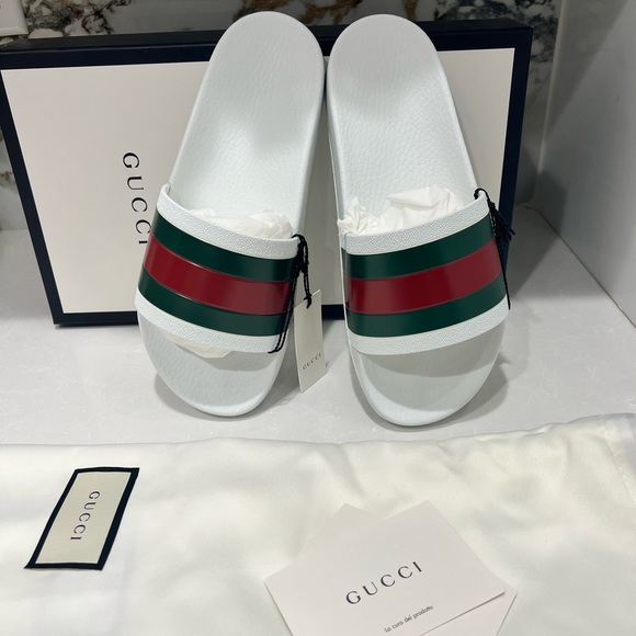 Gucci White Pursuit Web Accent Red Green Slides New - Picture 7 of 11
